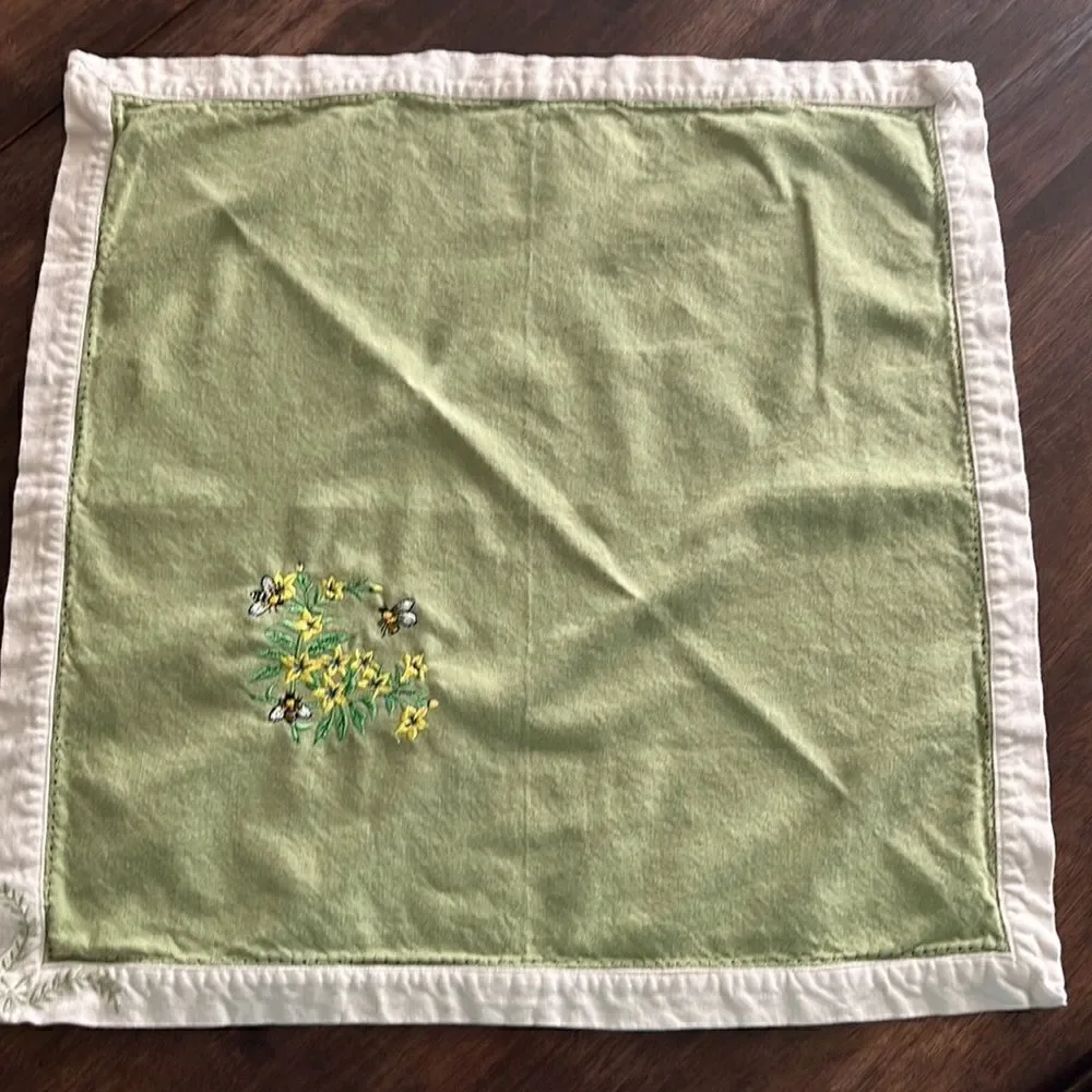 Upcycled Set of 3 Sage Cotton Floral Embroidered Napkins with Cream Trim